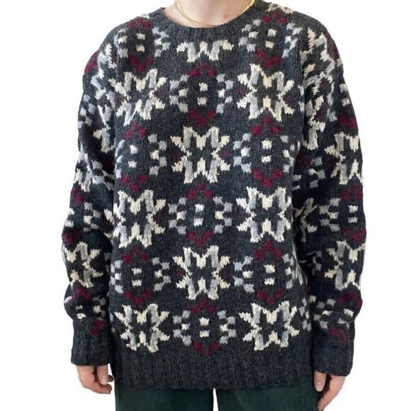 Vintage 1990s Embassy Row Hand Knit Snowflake Wool Chunky Overszied Sweater Sz L - Picture 2 of 6